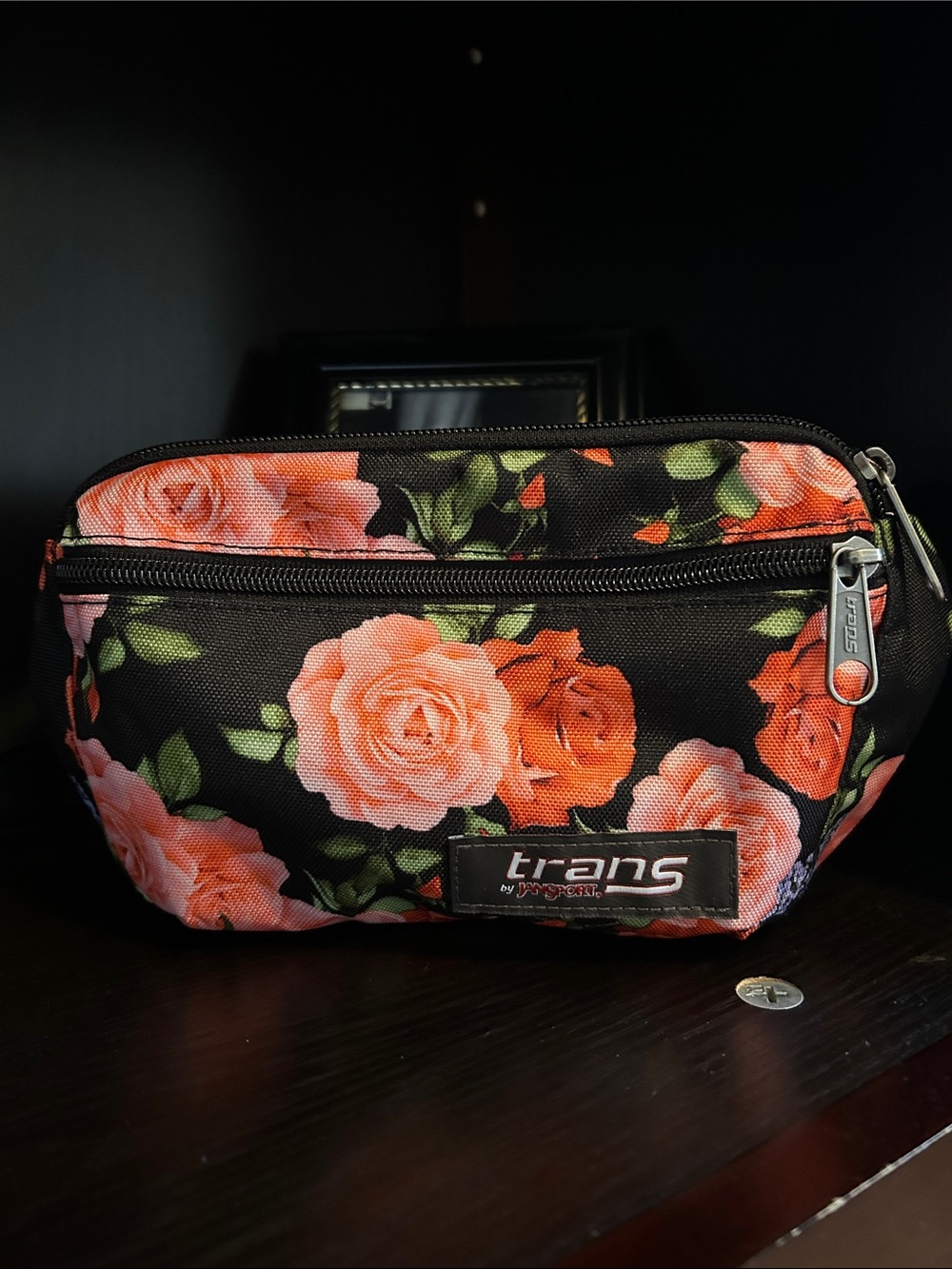 Jansport Floral Crossbody Bag - Black with Pink and Red Roses